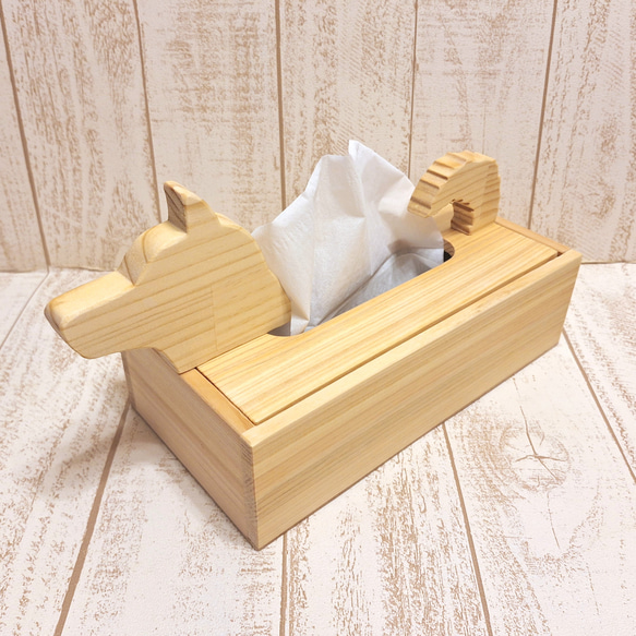 【受注制作】木製ティッシュケース｜柴犬モチーフ／ヒノキ集成材・色変更可 2枚目の画像