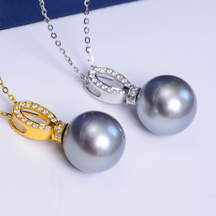ルミナ 18Kゴールド ダイヤモンドネックレス (12-14mm) タヒチアンブラックパールペンダント プラチナグレー 光沢のあ