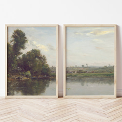 アートポスター 2枚セット　アンティーク 水辺風景画  森 自然 グリーン ベージュ グレー インテリア 3枚目の画像