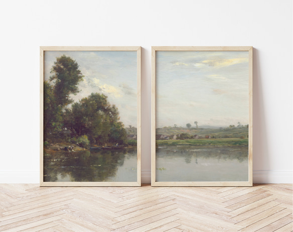 アートポスター 2枚セット　アンティーク 水辺風景画  森 自然 グリーン ベージュ グレー インテリア 3枚目の画像