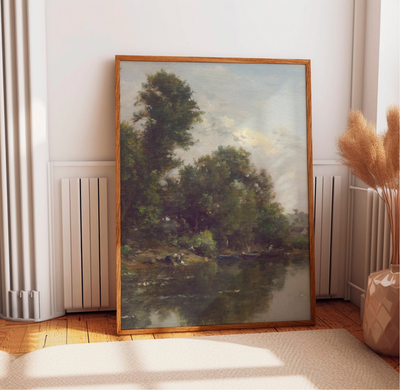 アートポスター 2枚セット　アンティーク 水辺風景画  森 自然 グリーン ベージュ グレー インテリア 4枚目の画像