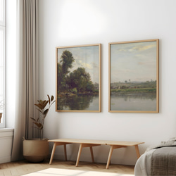 アートポスター 2枚セット　アンティーク 水辺風景画  森 自然 グリーン ベージュ グレー インテリア 2枚目の画像