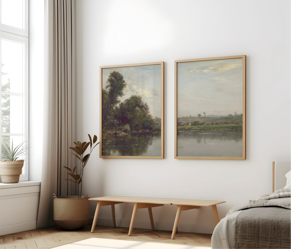 アートポスター 2枚セット　アンティーク 水辺風景画  森 自然 グリーン ベージュ グレー インテリア 2枚目の画像