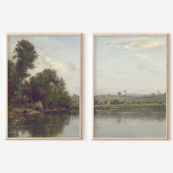 アートポスター 2枚セット　アンティーク 水辺風景画  森 自然 グリーン ベージュ グレー インテリア 7枚目の画像