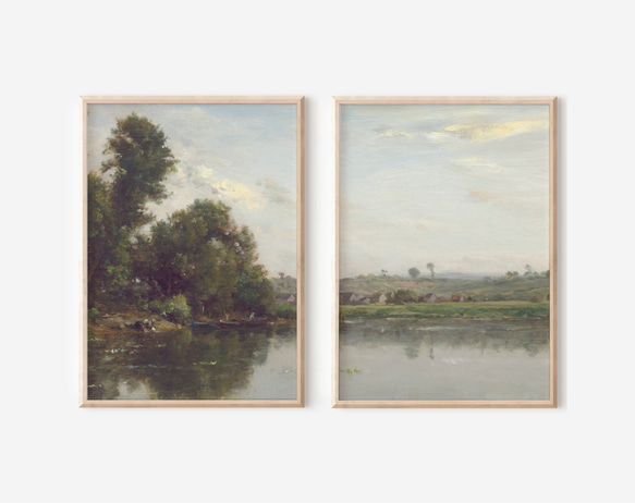 アートポスター 2枚セット　アンティーク 水辺風景画  森 自然 グリーン ベージュ グレー インテリア 7枚目の画像