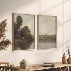 アートポスター 2枚セット　アンティーク 水辺風景画  森 自然 グリーン ベージュ グレー インテリア 6枚目の画像