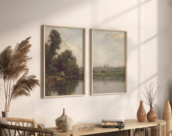 アートポスター 2枚セット　アンティーク 水辺風景画  森 自然 グリーン ベージュ グレー インテリア 6枚目の画像