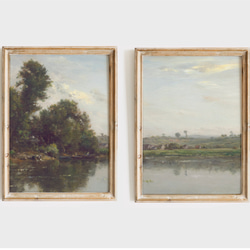 アートポスター 2枚セット　アンティーク 水辺風景画  森 自然 グリーン ベージュ グレー インテリア 1枚目の画像