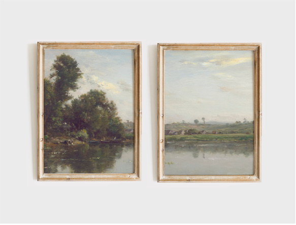 アートポスター 2枚セット　アンティーク 水辺風景画  森 自然 グリーン ベージュ グレー インテリア 1枚目の画像