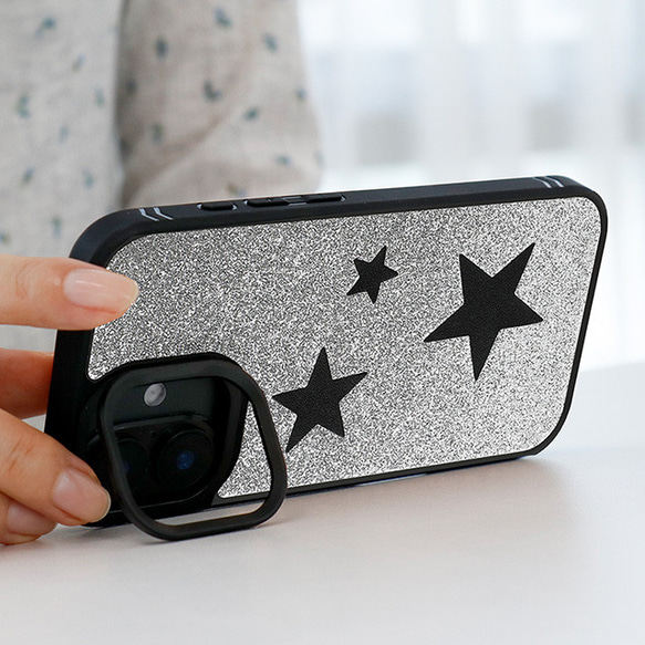 MagSafe 対応 iPhoneケース 本革 スマホケース グリッター ラメ スター 星 スマホスタンド xgsmr 1枚目の画像