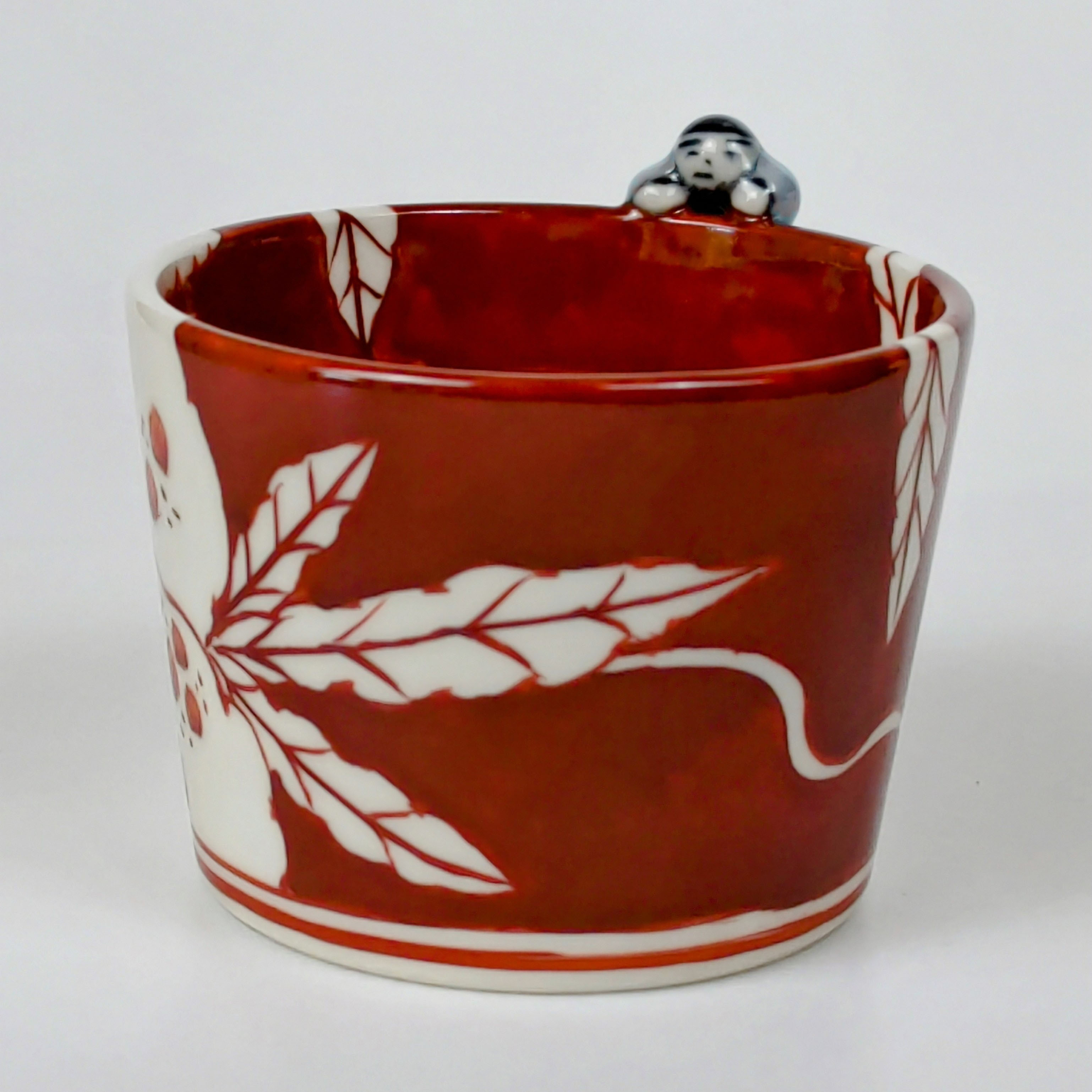 赤絵手 柘榴文様 一閑人蕎麦猪口（赤・一閑人は浅葱）　【陶祥窯・有田焼】