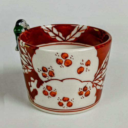 赤絵手 柘榴文様 一閑人蕎麦猪口（赤・一閑人は緑） 【陶祥窯・有田焼