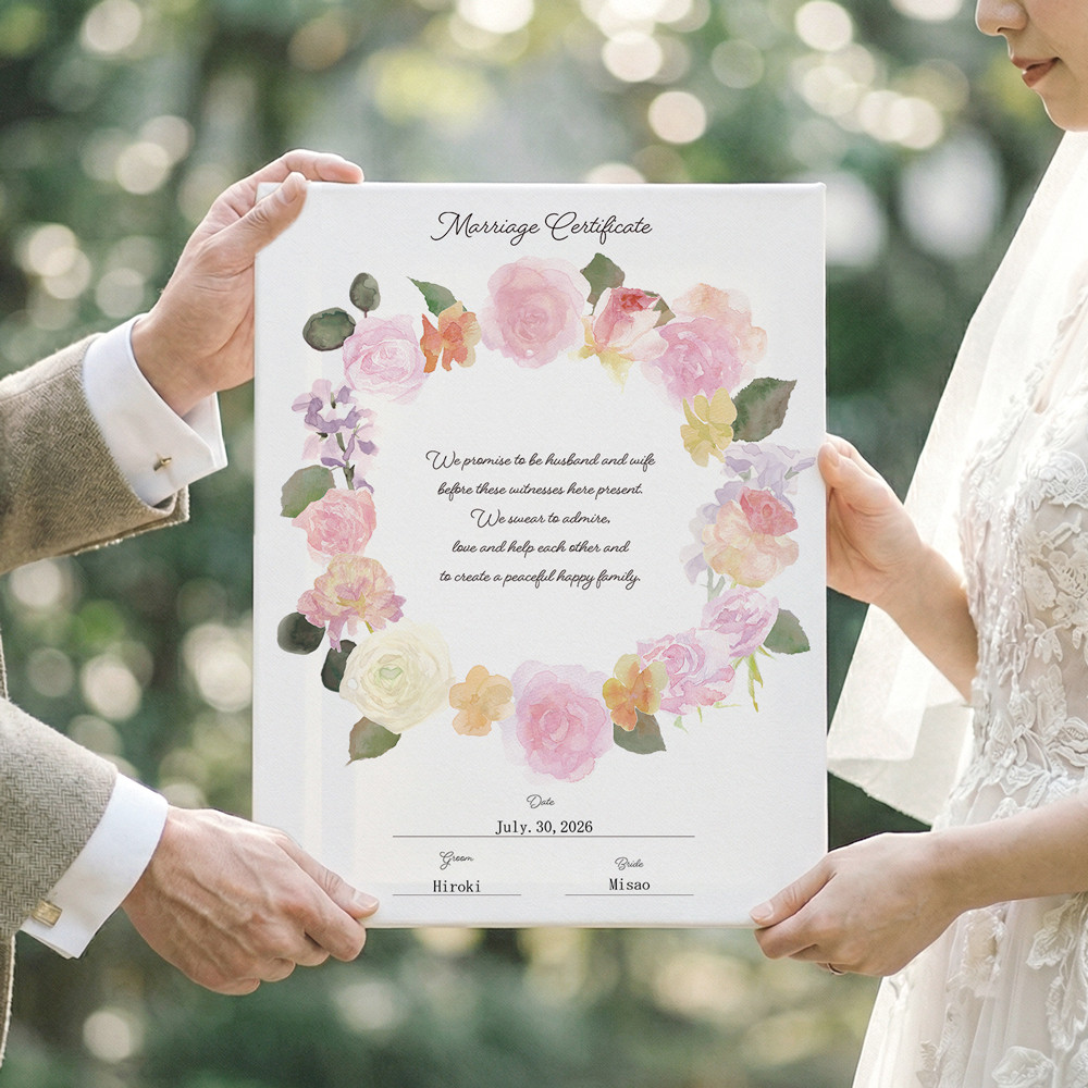 バラとスイートピーの結婚証明書  誓約書 名入れ  オーダーメイド キャンバス