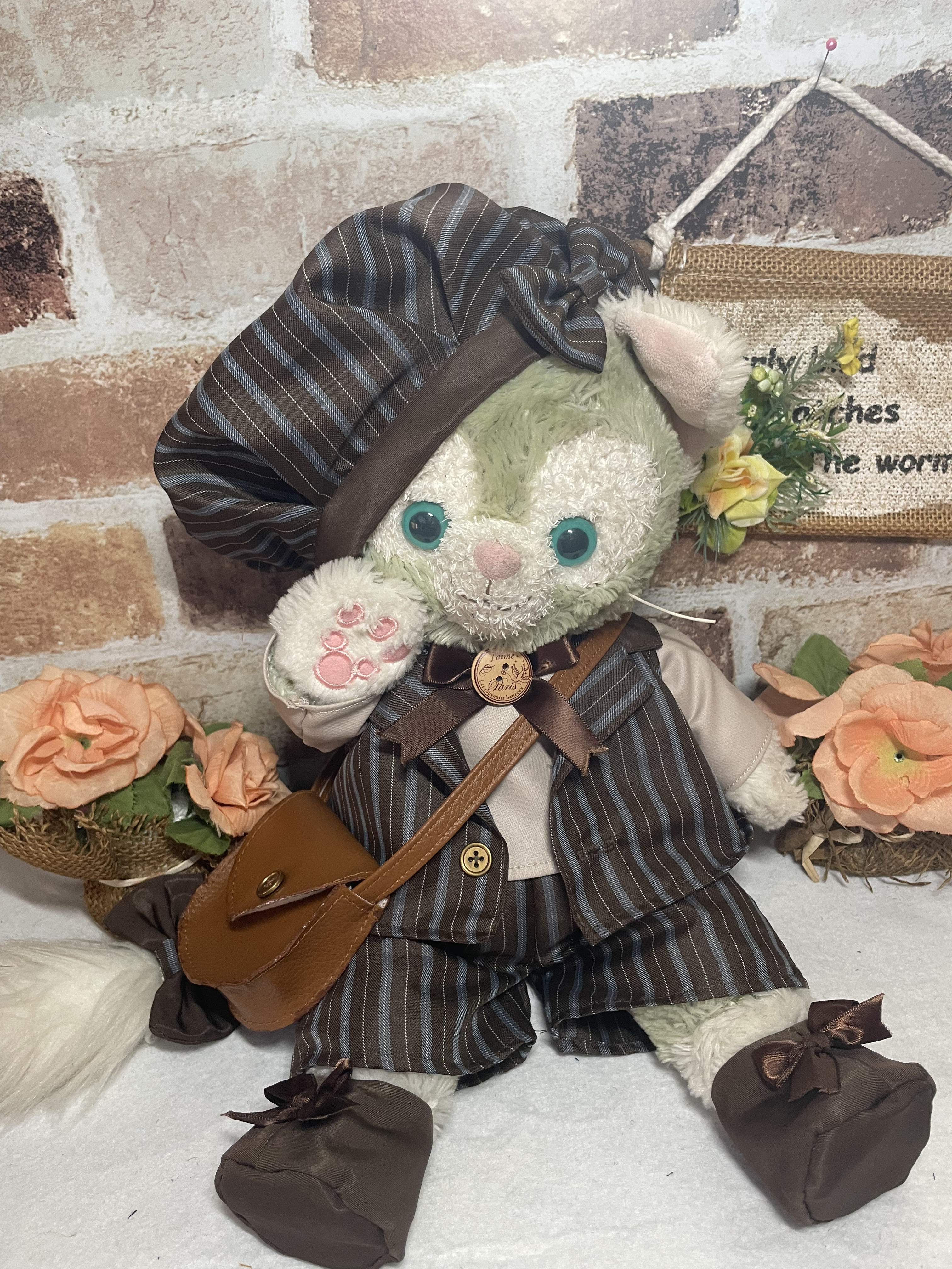 ☆ジェラトーニSサイズ☆茶ストライプ　ベストスーツ９点コスチューム☆リバーシブル帽子