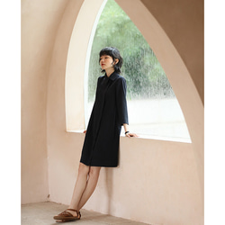 上品なネイビーが肌を明るく見せる、斜めに流れるフロントが印象的なシャツワンピース。#776 9枚目の画像