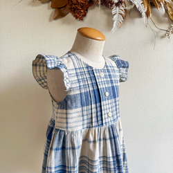 播州織 綿麻チェックのワンピース【青チェック】 2枚目の画像
