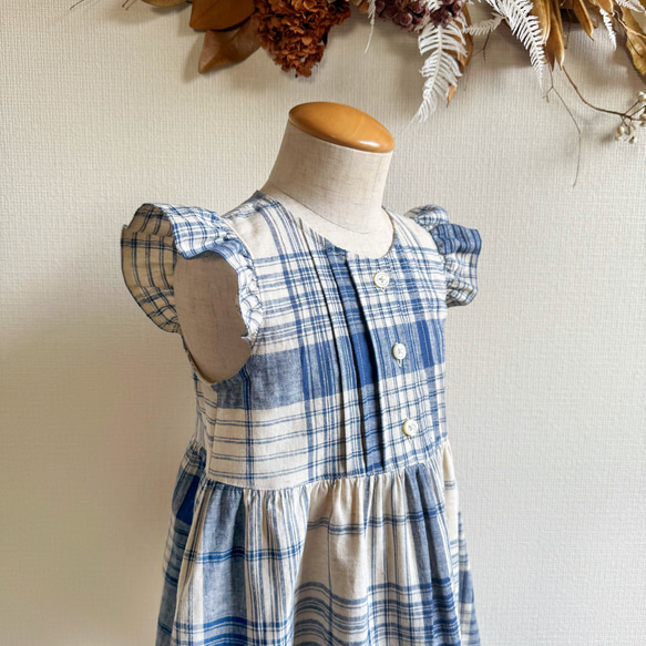 播州織 綿麻チェックのワンピース【青チェック】 2枚目の画像