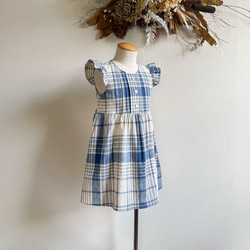 播州織 綿麻チェックのワンピース【青チェック】 1枚目の画像