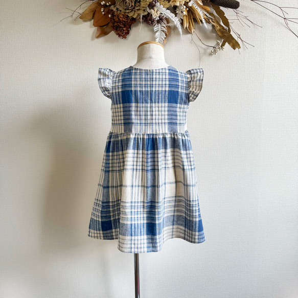 播州織 綿麻チェックのワンピース【青チェック】 5枚目の画像
