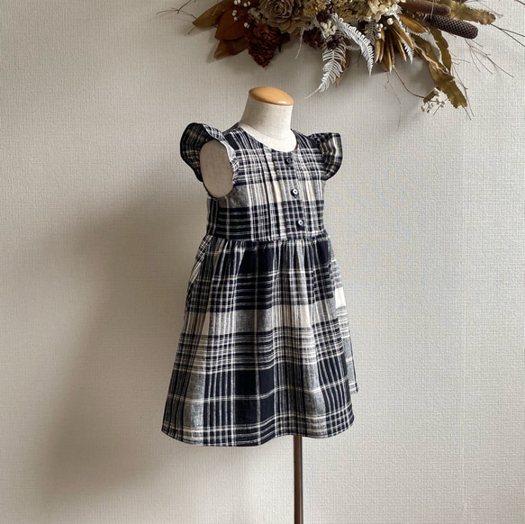 播州織 綿麻チェックのワンピース【青チェック】 6枚目の画像