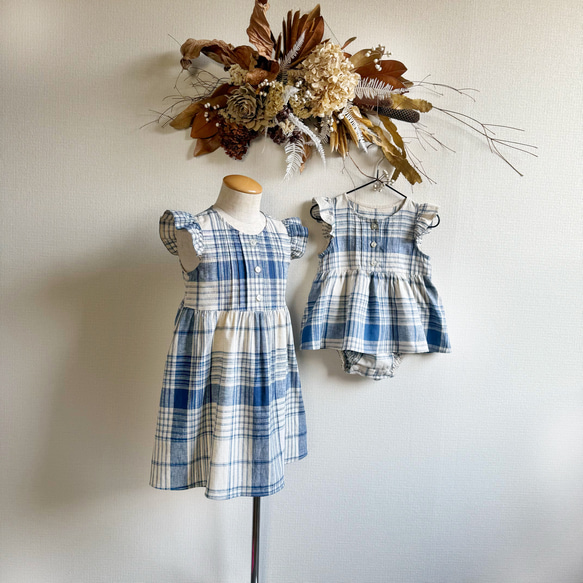 播州織 綿麻チェックのワンピース【青チェック】 3枚目の画像