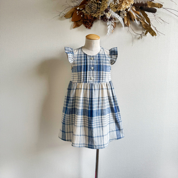 播州織 綿麻チェックのワンピース【青チェック】 4枚目の画像