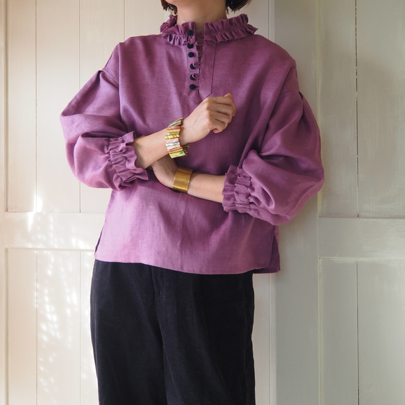 　【予約販売】ローズピンク　フリルハイネックブラウス 5枚目の画像