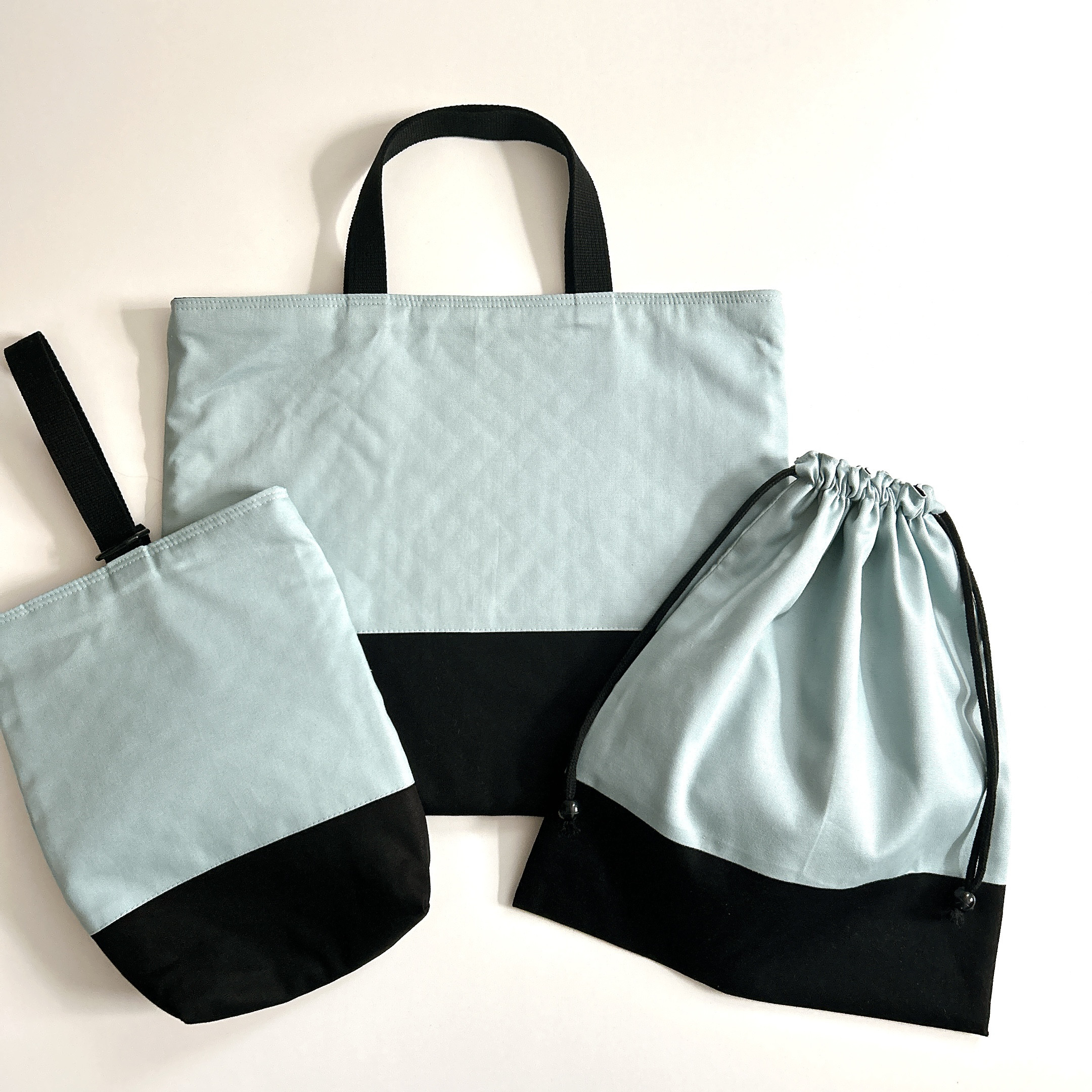 サイズが選べる　入園入学3点セット　無地　くすみブルー×ブラック［受注製作］