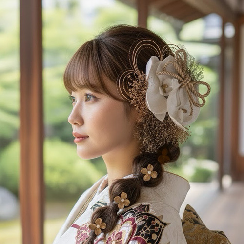 ベルベット胡蝶蘭とメタルフラワーの髪飾り 結婚式 成人式 和装 振袖