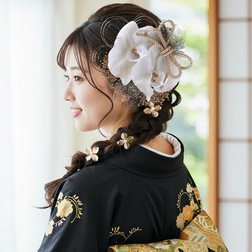 ベルベット胡蝶蘭とメタルフラワーの髪飾り 結婚式 成人式 和装 振袖