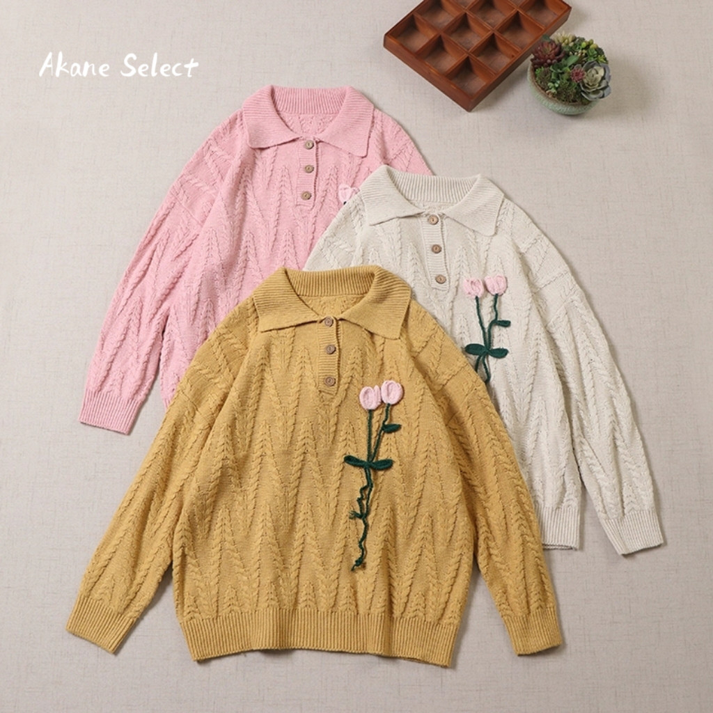 【秋冬♡かわいいニットトップス♡刺繡】チューリップ│チェック編み│レギュラーカラーセーター│立体感│T-85LB 5,480円