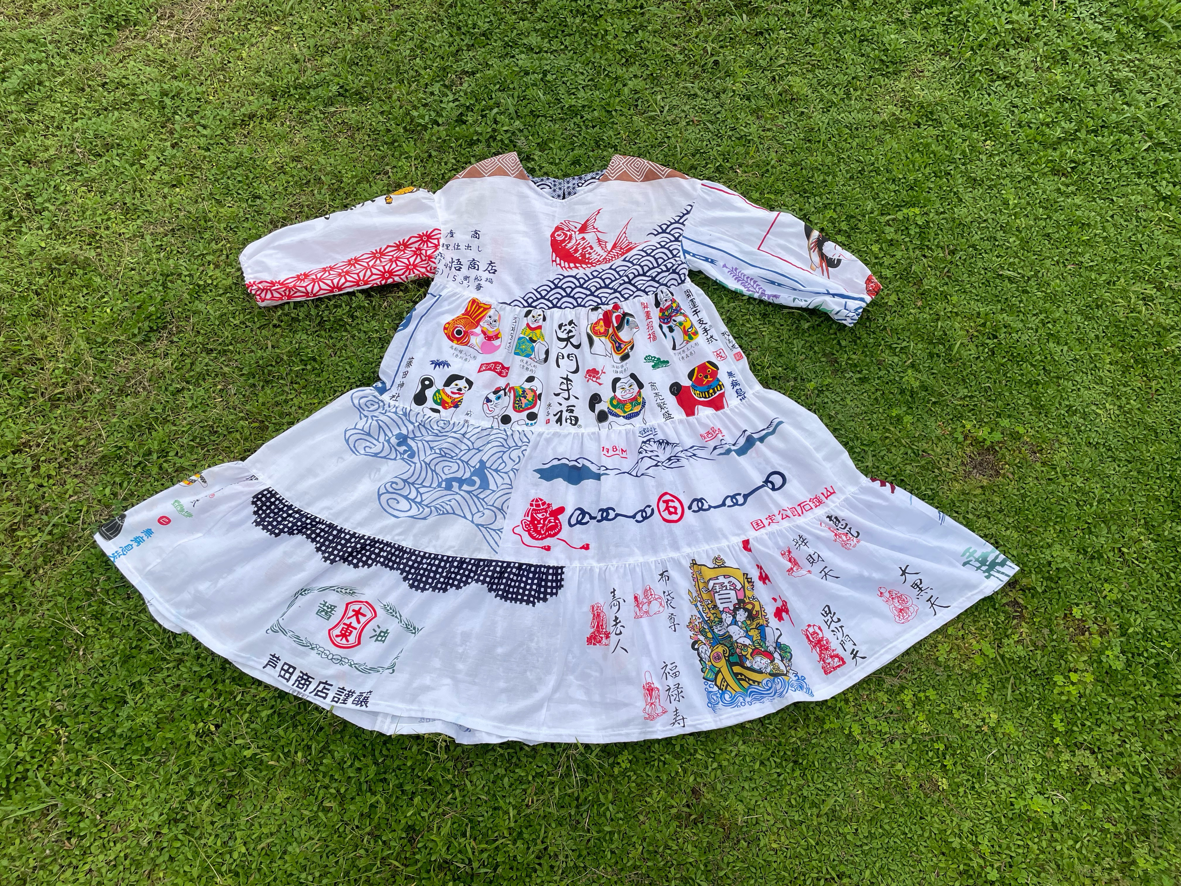 手拭いワンピース　手ぬぐいワンピース　パッチワーク　ティアードワンピース　ギャザーワンピース　お土産てぬぐい　リメイク