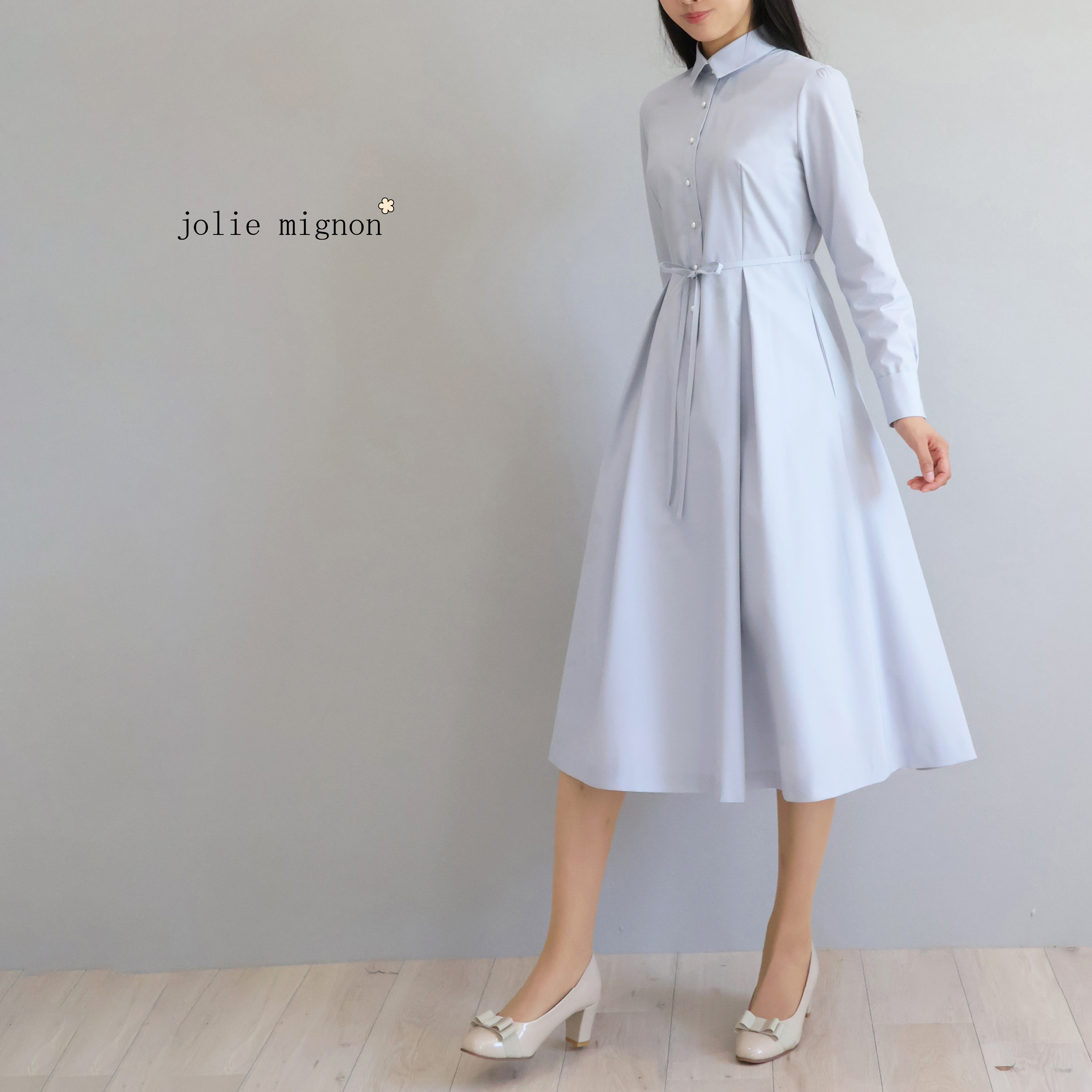 【一枚でコーデが完成！】リボンベルト付き パールボタンシャツカラーワンピース【グレイッシュブルー】