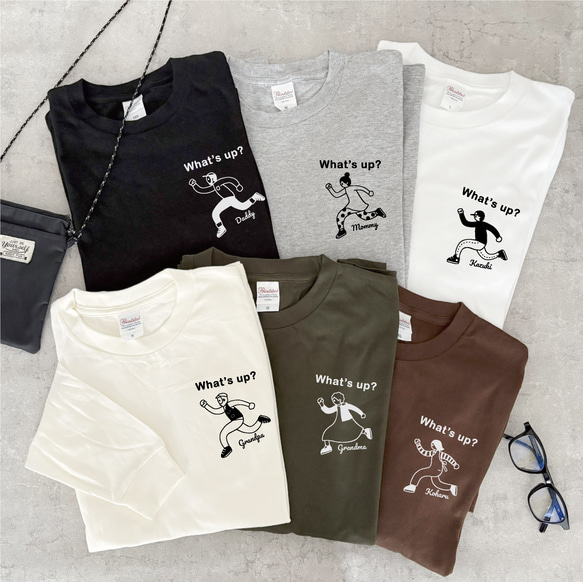 秋の新作【名前可】ワンポイントWhat's up? 長袖Tシャツ 選べるファミリーデザイン 1枚目の画像