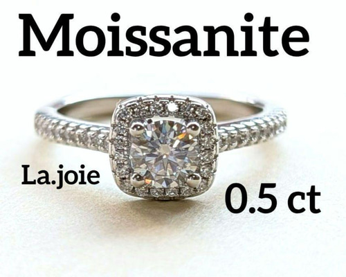 最高品質 0.5ct モアサナイト スクエア ヘイロー リング 指輪・リング