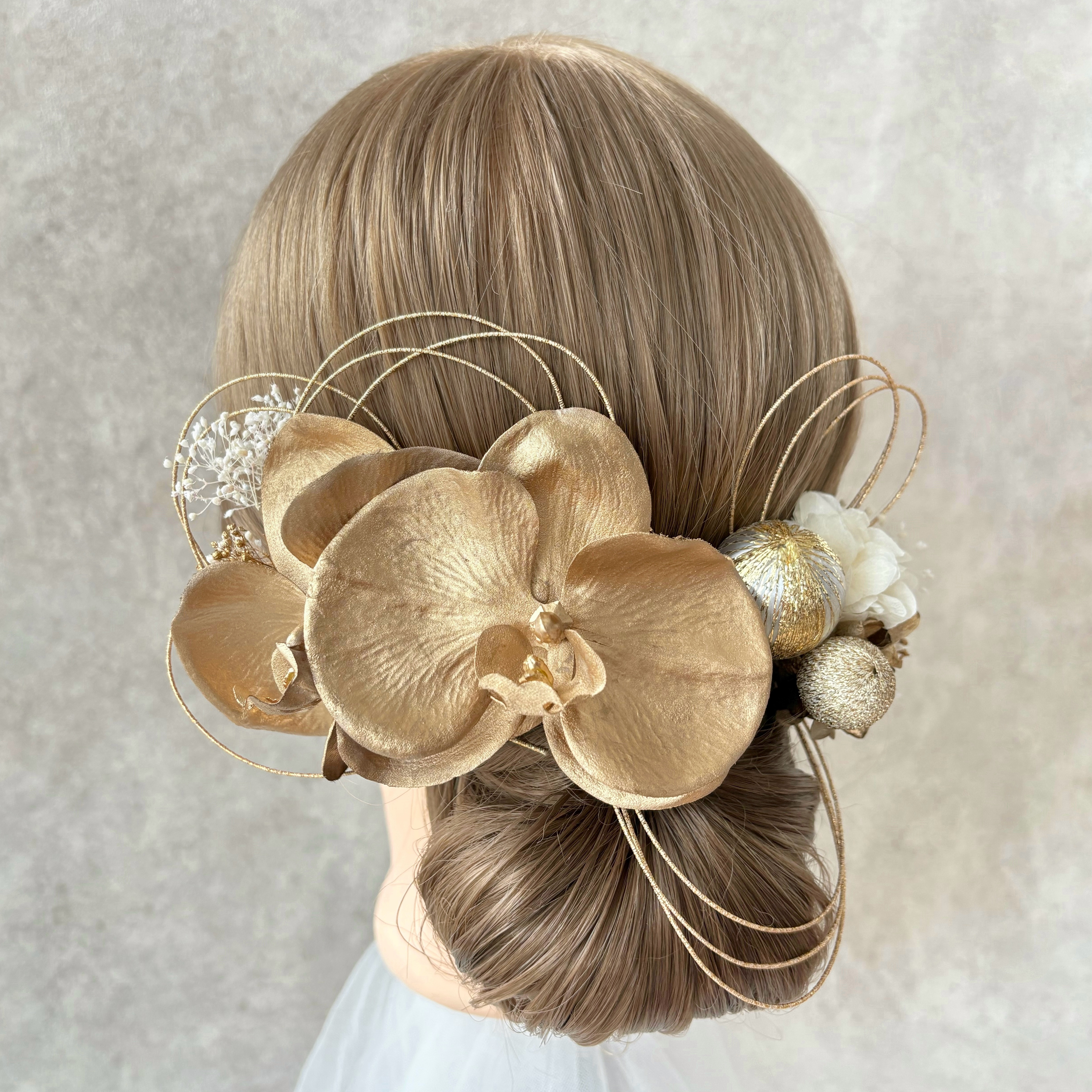 【Orchidée dorée】ゴールドの胡蝶蘭髪飾り×和玉と水引　和の髪飾り　結婚式　成人式　卒業式