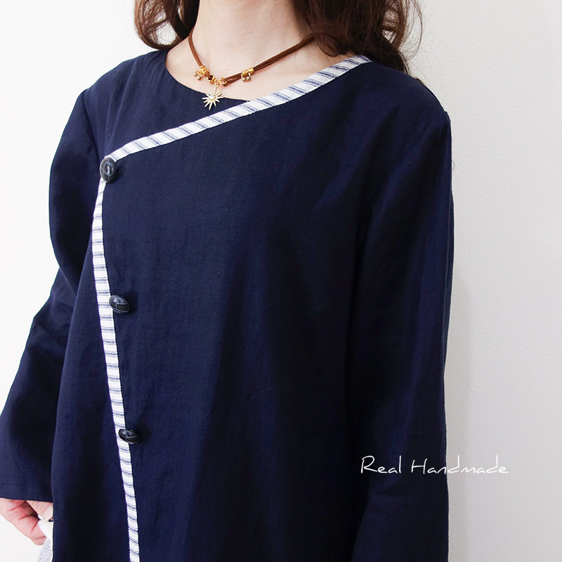 ネイビーリネン・アシメトリーラインのフラップポケットマキシワンピース