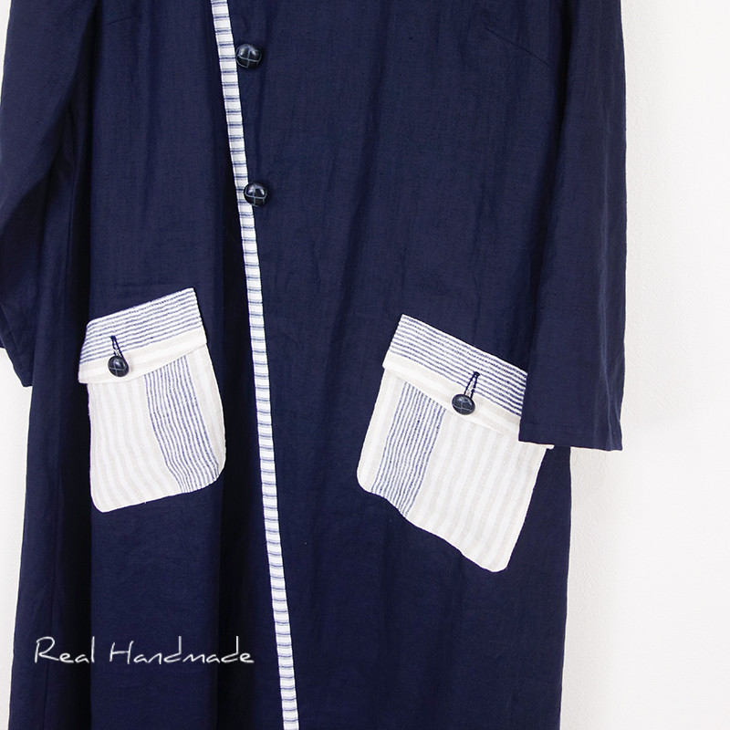 ネイビーリネン・アシメトリーラインのフラップポケットマキシワンピース