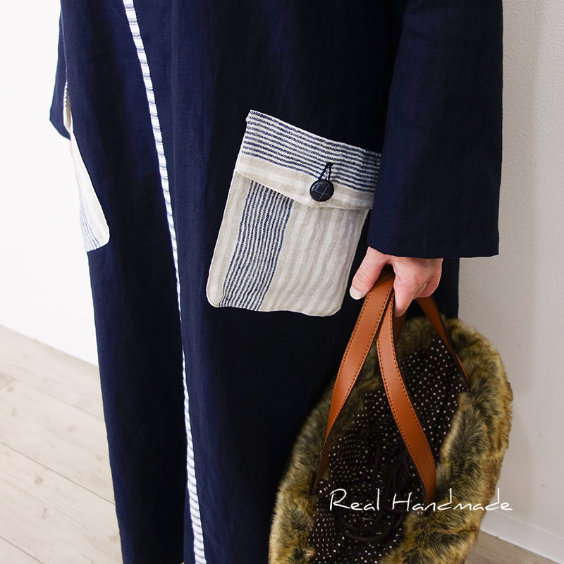 ネイビーリネン・アシメトリーラインのフラップポケットマキシワンピース