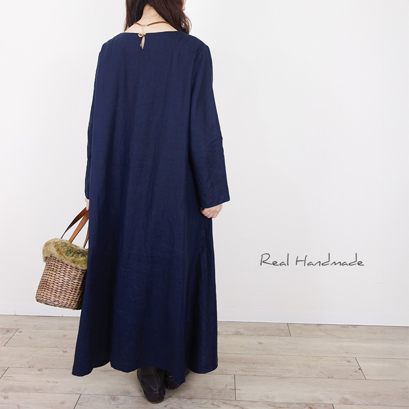 ネイビーリネン・アシメトリーラインのフラップポケットマキシワンピース