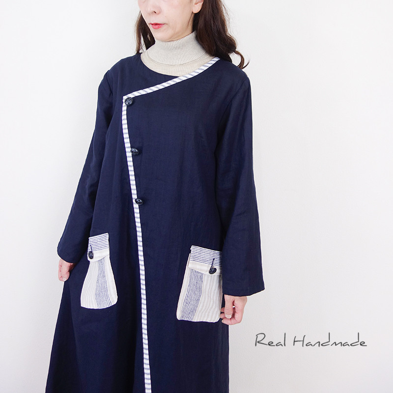 ネイビーリネン・アシメトリーラインのフラップポケットマキシワンピース