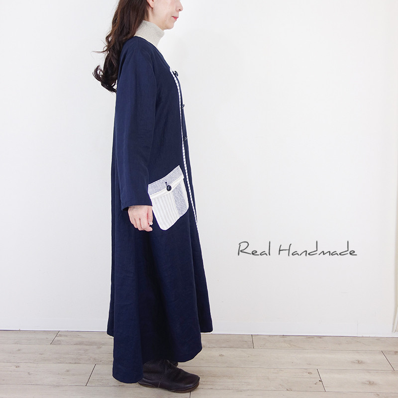 ネイビーリネン・アシメトリーラインのフラップポケットマキシワンピース