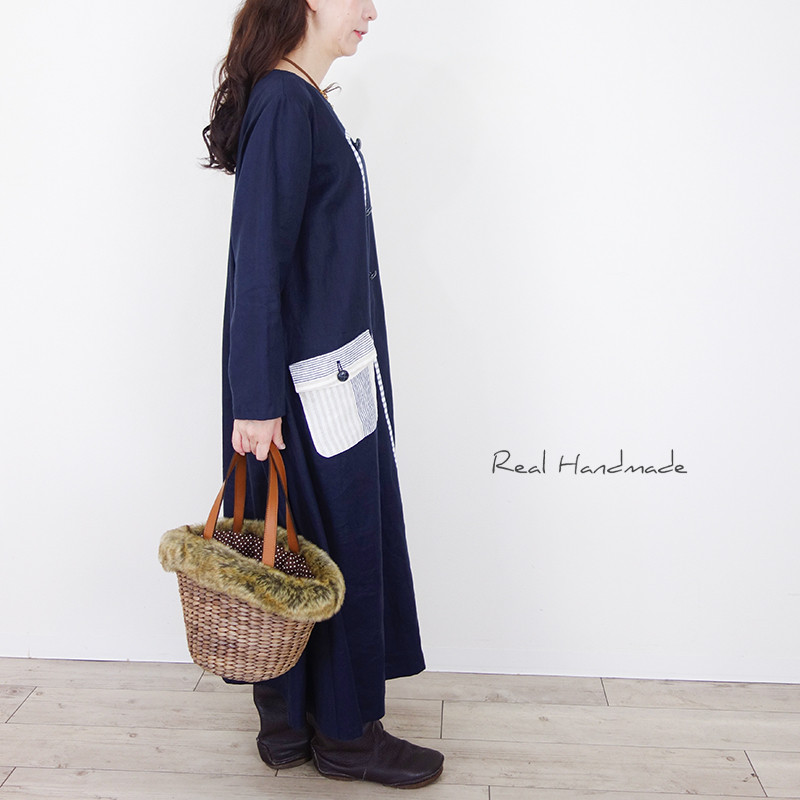 ネイビーリネン・アシメトリーラインのフラップポケットマキシワンピース