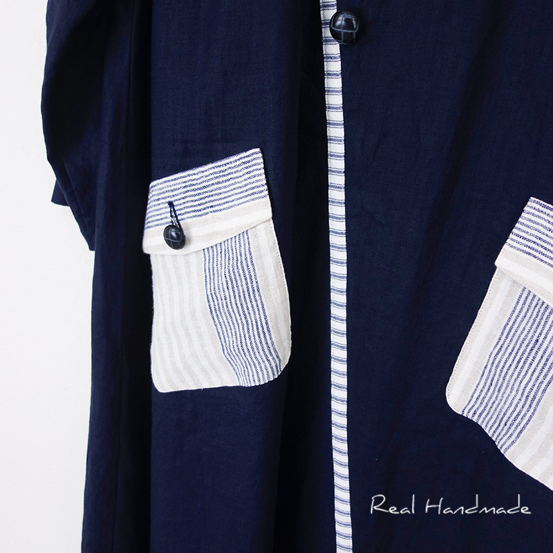 ネイビーリネン・アシメトリーラインのフラップポケットマキシワンピース