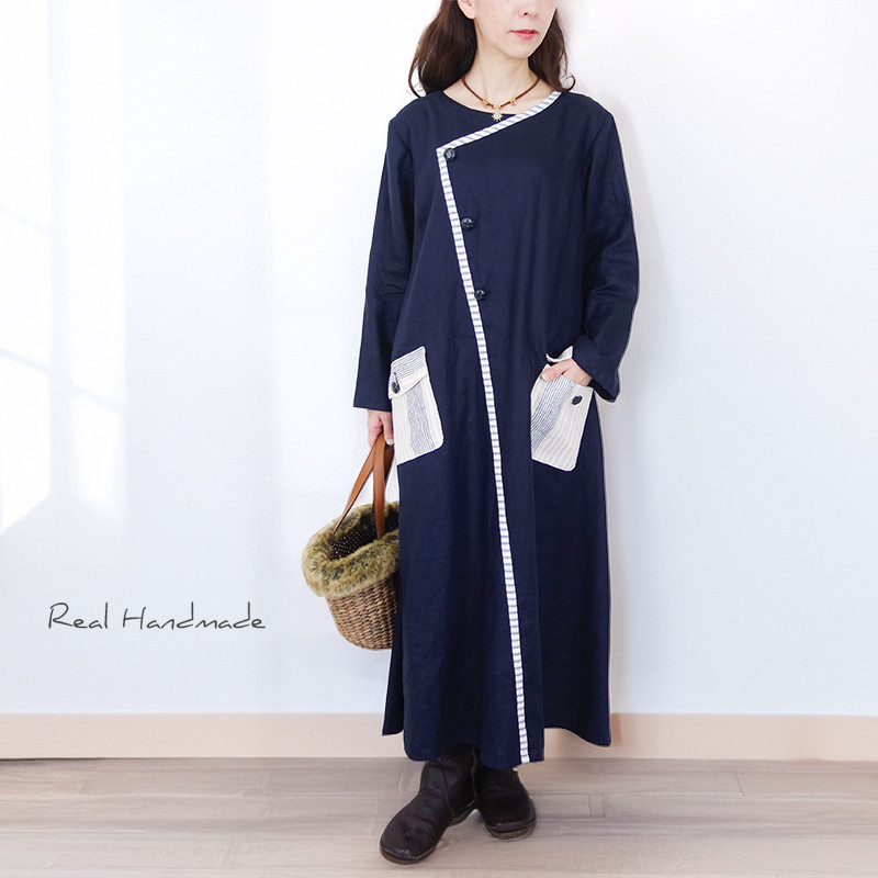 ネイビーリネン・アシメトリーラインのフラップポケットマキシワンピース