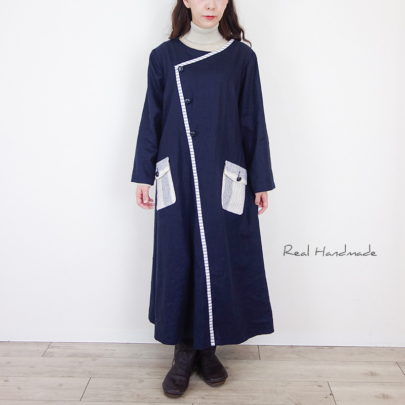 ネイビーリネン・アシメトリーラインのフラップポケットマキシワンピース