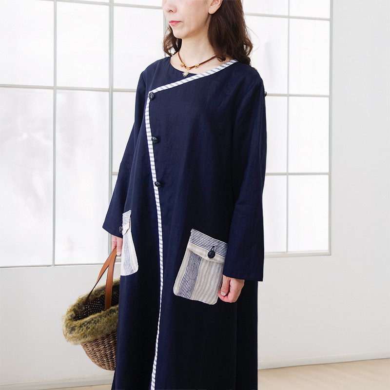ネイビーリネン・アシメトリーラインのフラップポケットマキシワンピース