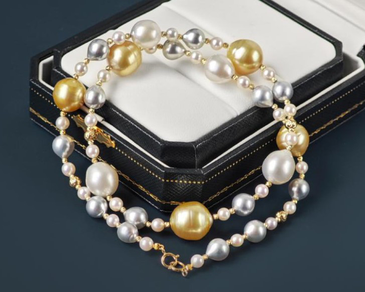 ルミナ 4-13mm 天然南洋真珠 + 日本製アコヤ真珠ネックレス 18Kゴールド ミックスカラー グラデーションチェーン エレ