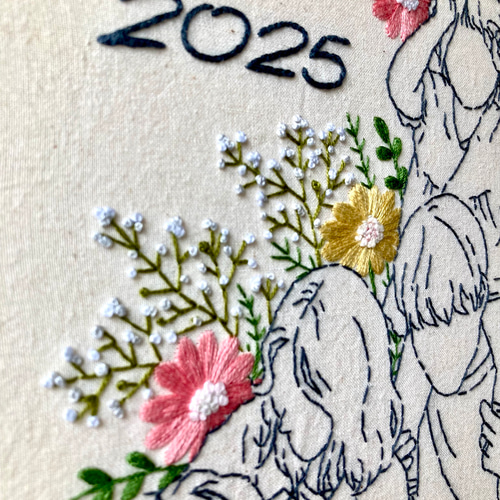 似顔絵刺繍パネル｜花刺繍・数種類の花｜オーダー刺繍｜結婚祝い・誕生
