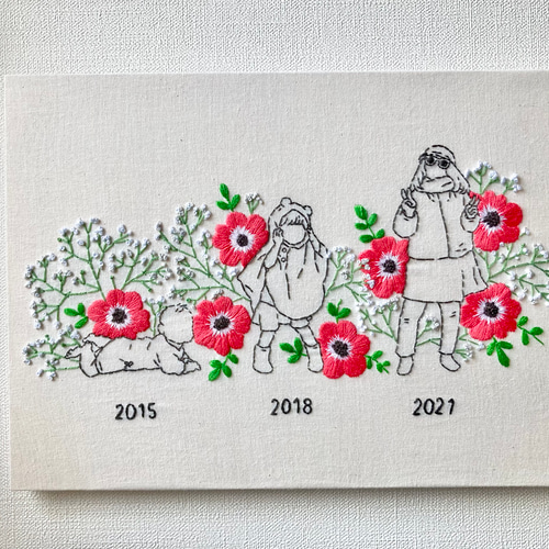 似顔絵刺繍パネル｜花刺繍・数種類の花｜オーダー刺繍｜結婚祝い・誕生